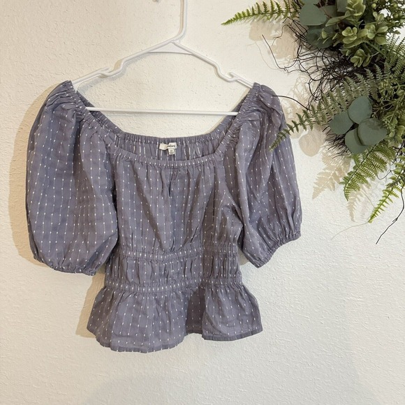 Madewell Smocked-Waist Crop Top in Textured Dot Size Xs Purple New Polka Dot - Picture 2 of 8